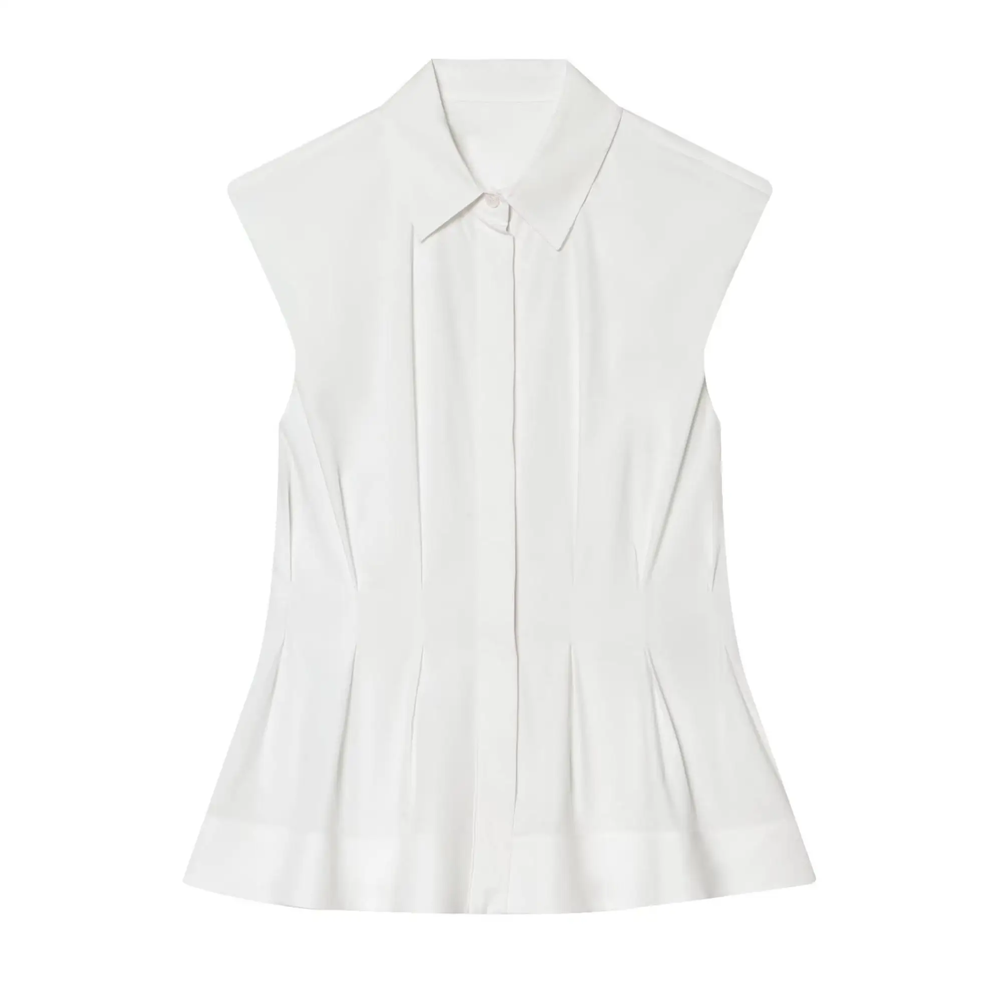 TFMLN Women's Pleated Shirt Spring Summer Vintage Lapel Collar Sleeveless Blouses Simple Flared Hem Ladies Tops 2026 New