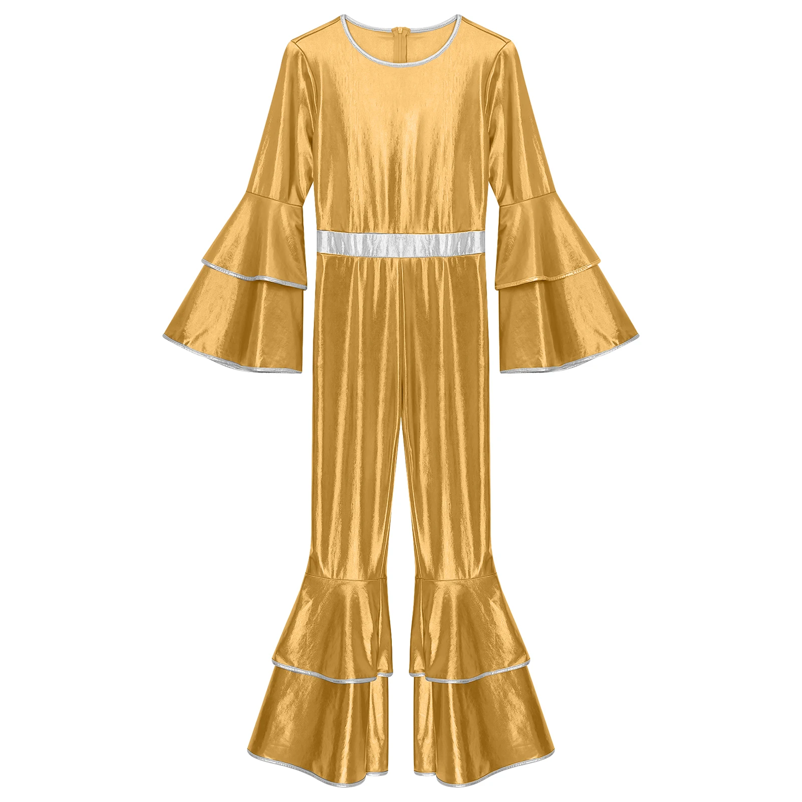 Womens 70S Disco Vintage Jumpsuit Metallic Shiny Flare Sleeve Bodysuit Hippie Bell Bottom Jazz Dance Carnival Rave Party Costume