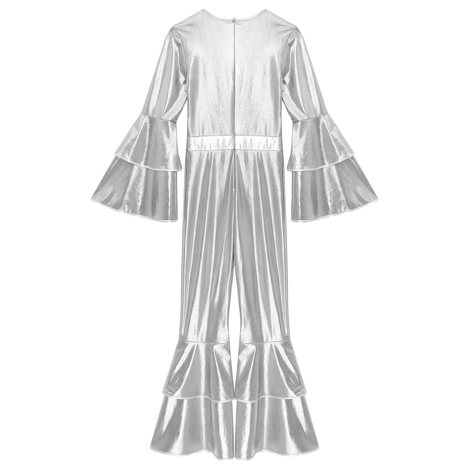 Womens 70S Disco Vintage Jumpsuit Metallic Shiny Flare Sleeve Bodysuit Hippie Bell Bottom Jazz Dance Carnival Rave Party Costume