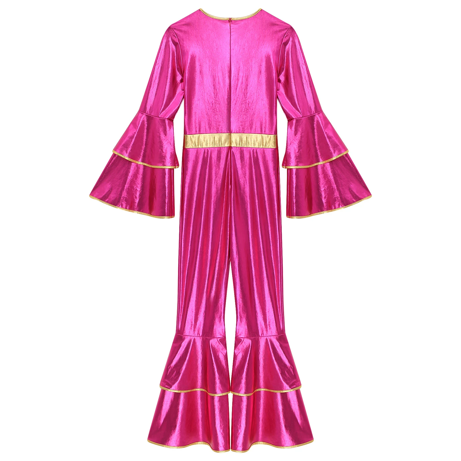 Womens 70S Disco Vintage Jumpsuit Metallic Shiny Flare Sleeve Bodysuit Hippie Bell Bottom Jazz Dance Carnival Rave Party Costume