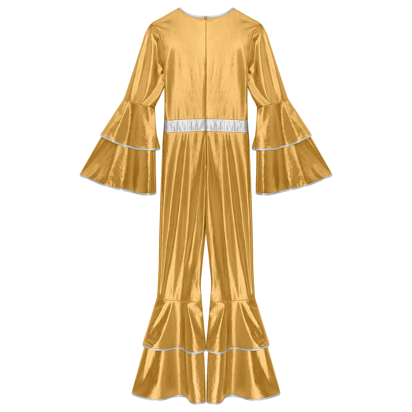 Womens 70S Disco Vintage Jumpsuit Metallic Shiny Flare Sleeve Bodysuit Hippie Bell Bottom Jazz Dance Carnival Rave Party Costume