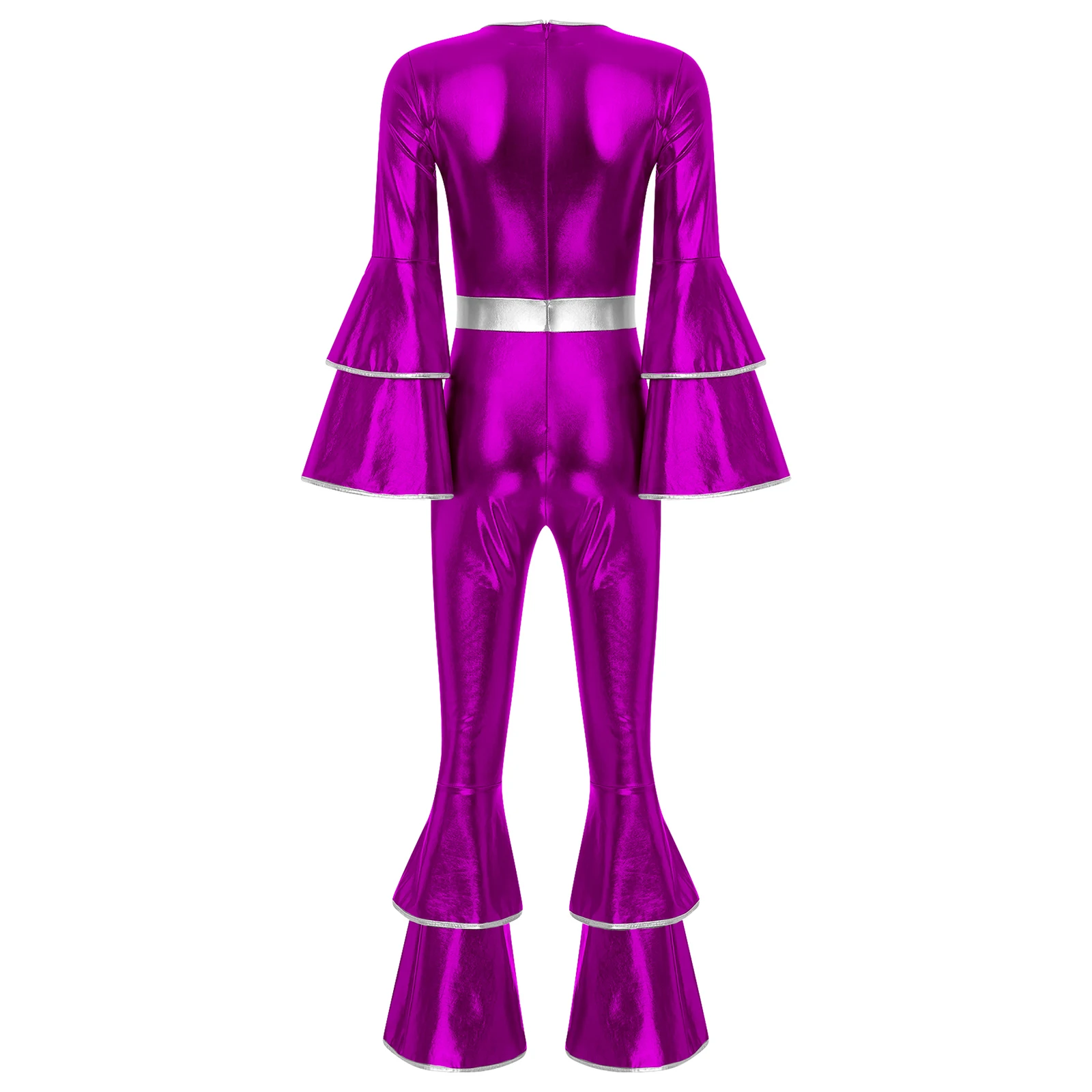 Womens 70S Disco Vintage Jumpsuit Metallic Shiny Flare Sleeve Bodysuit Hippie Bell Bottom Jazz Dance Carnival Rave Party Costume