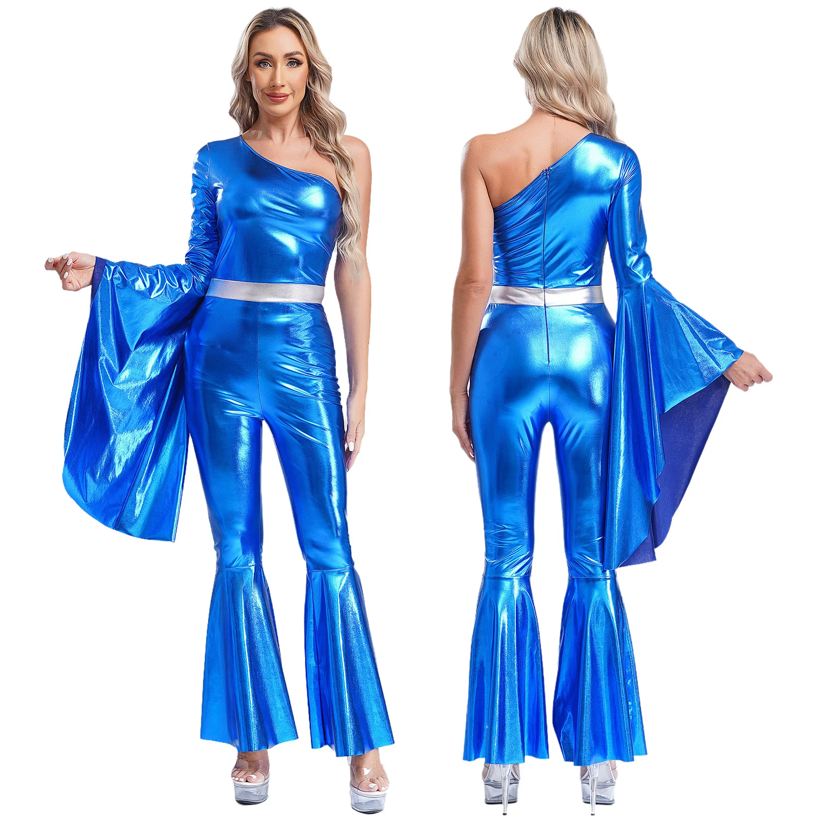 Womens 70S Disco Vintage Jumpsuit Metallic Shiny Flare Sleeve Bodysuit Hippie Bell Bottom Jazz Dance Carnival Rave Party Costume