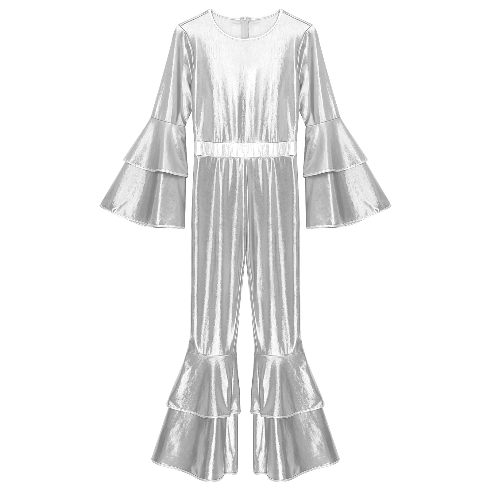 Womens 70S Disco Vintage Jumpsuit Metallic Shiny Flare Sleeve Bodysuit Hippie Bell Bottom Jazz Dance Carnival Rave Party Costume