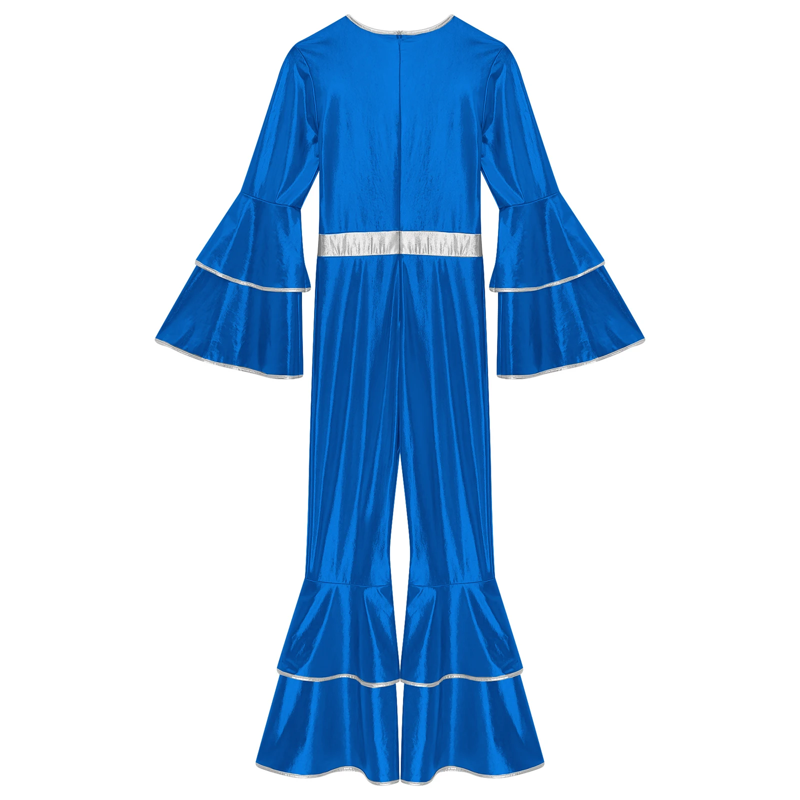 Womens 70S Disco Vintage Jumpsuit Metallic Shiny Flare Sleeve Bodysuit Hippie Bell Bottom Jazz Dance Carnival Rave Party Costume