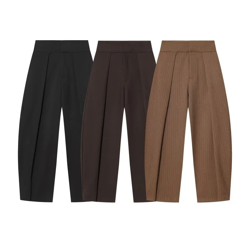 Women Wide Leg Pants Retro Dark Color Pleated Trousers High Waist Casual Work Office Straight Pants