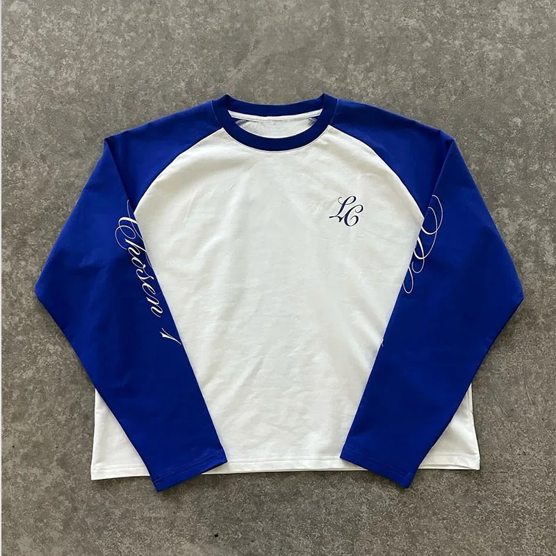 American Casual Loose Letter Printed Pullover Hip Hop Harajuku Tops Fashion Color Matching Shoulder Long Sleeved O Neck T-shirt
