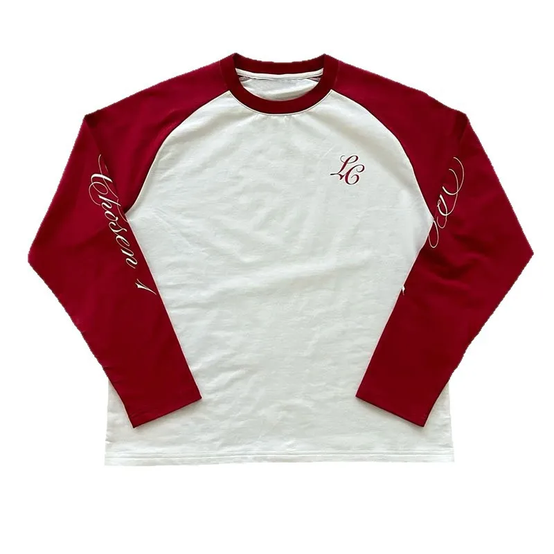American Casual Loose Letter Printed Pullover Hip Hop Harajuku Tops Fashion Color Matching Shoulder Long Sleeved O Neck T-shirt