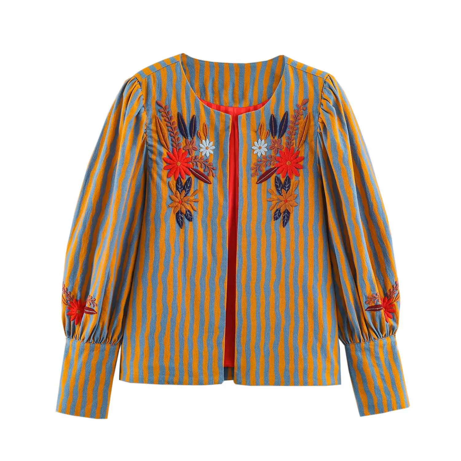 TFMLN 2026 Women Embroidery Jacket Retro New TFMLN 2026 Round Collar Elegant Long Sleeve High Street Coat Striped Casual Fashion