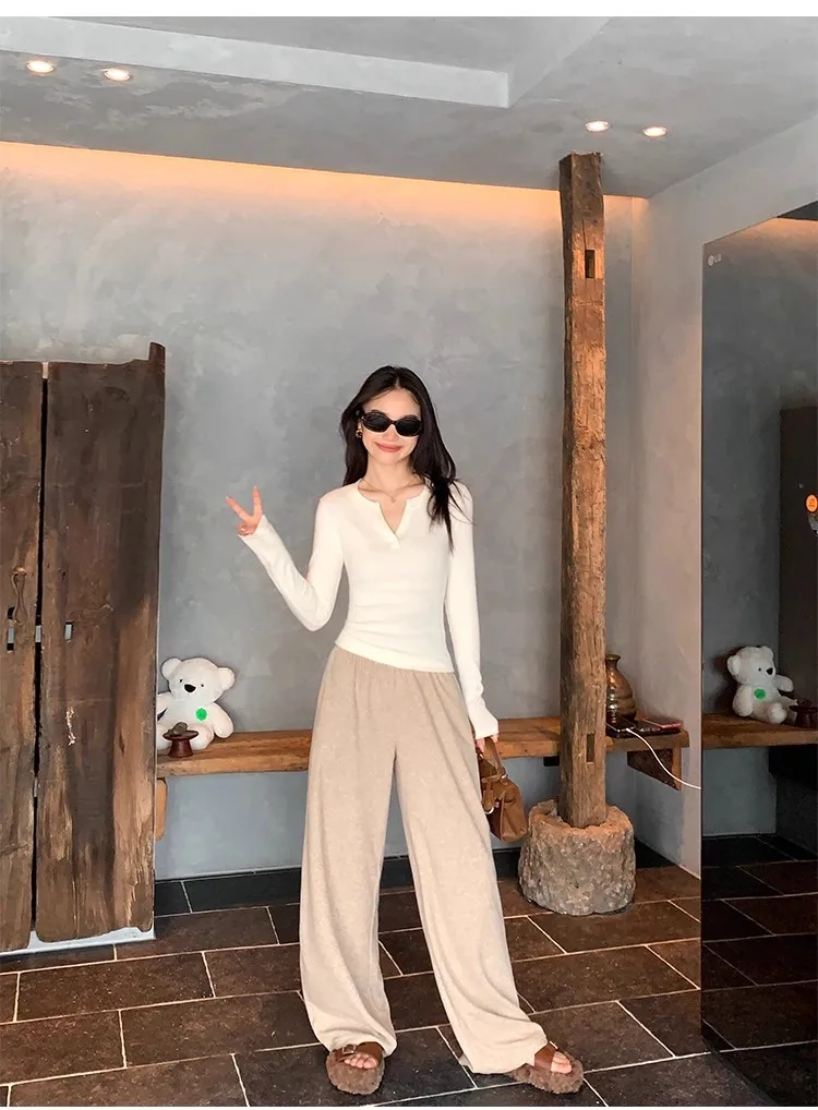 Women's Ribbed Knit Top V Neck Long Sleeve Slim Fit Stretch Shirt Soft Casual Basic Layering Winter.