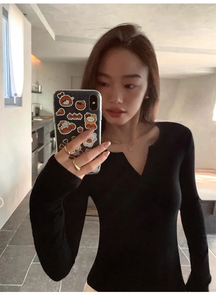 Women's Ribbed Knit Top V Neck Long Sleeve Slim Fit Stretch Shirt Soft Casual Basic Layering Winter.