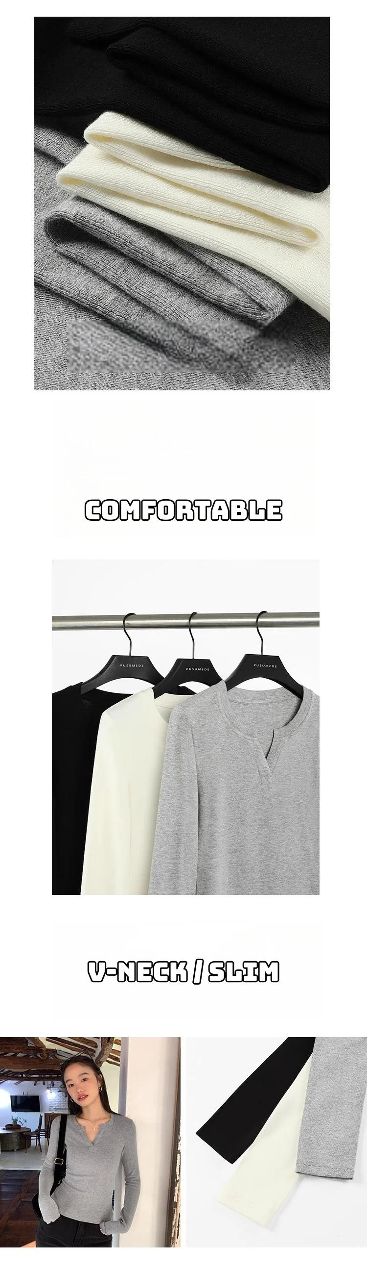 Women's Ribbed Knit Top V Neck Long Sleeve Slim Fit Stretch Shirt Soft Casual Basic Layering Winter.