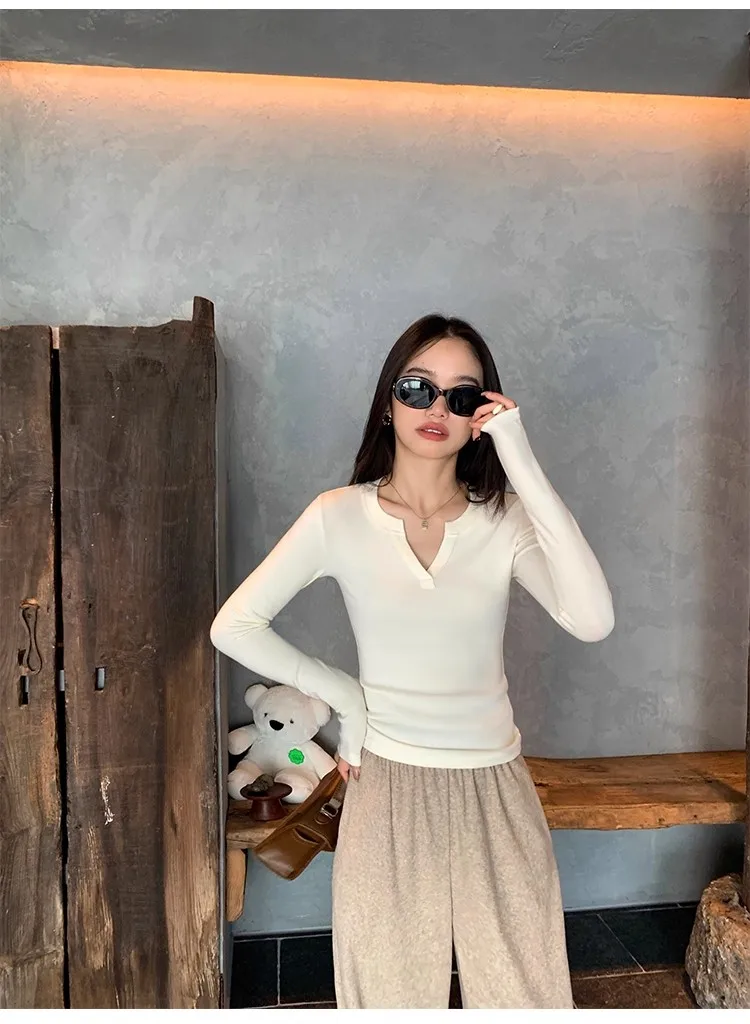 Women's Ribbed Knit Top V Neck Long Sleeve Slim Fit Stretch Shirt Soft Casual Basic Layering Winter.