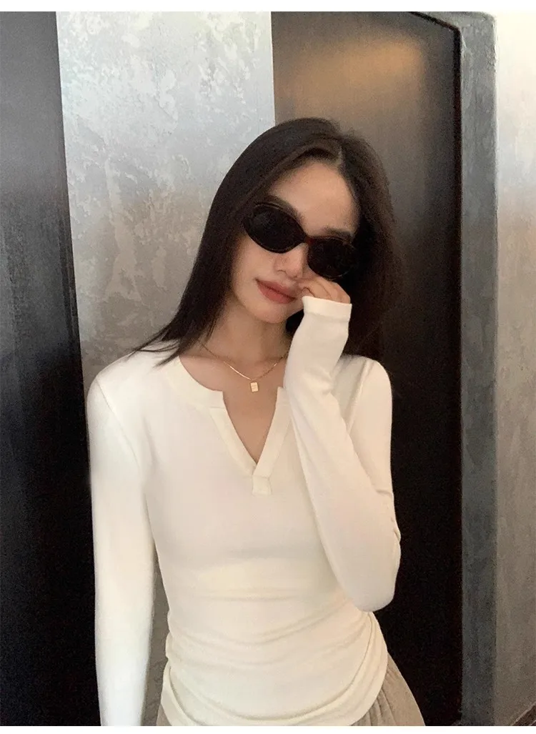 Women's Ribbed Knit Top V Neck Long Sleeve Slim Fit Stretch Shirt Soft Casual Basic Layering Winter.