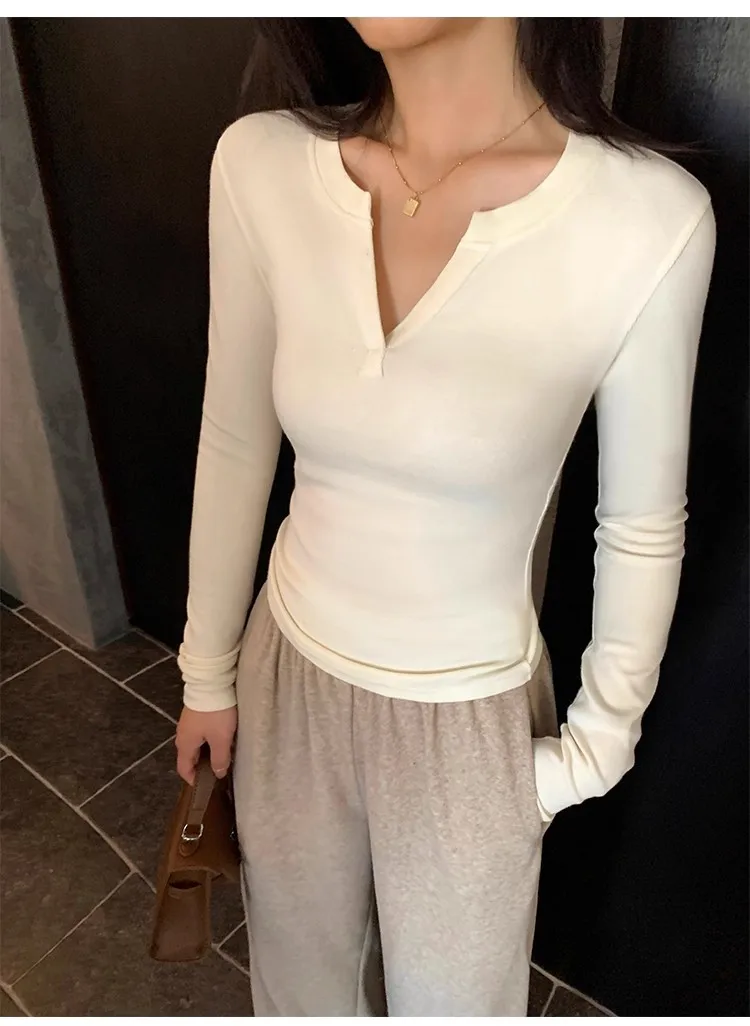 Women's Ribbed Knit Top V Neck Long Sleeve Slim Fit Stretch Shirt Soft Casual Basic Layering Winter.