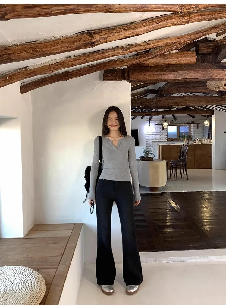 Women's Ribbed Knit Top V Neck Long Sleeve Slim Fit Stretch Shirt Soft Casual Basic Layering Winter.