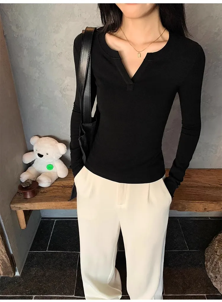 Women's Ribbed Knit Top V Neck Long Sleeve Slim Fit Stretch Shirt Soft Casual Basic Layering Winter.
