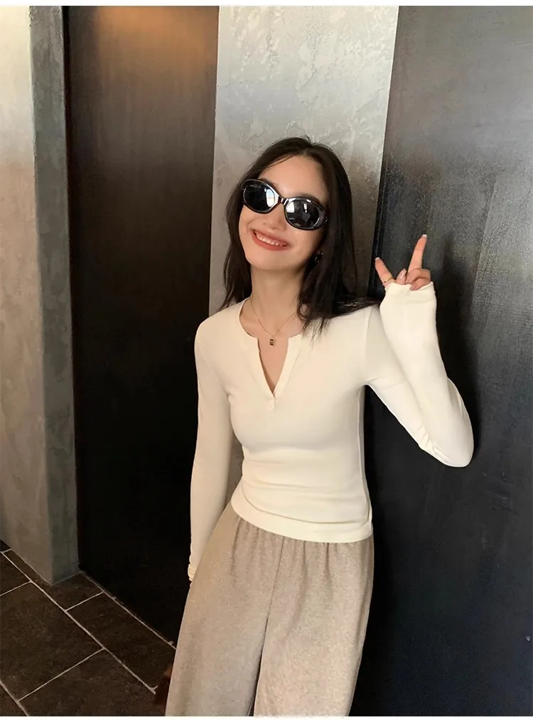 Women's Ribbed Knit Top V Neck Long Sleeve Slim Fit Stretch Shirt Soft Casual Basic Layering Winter.