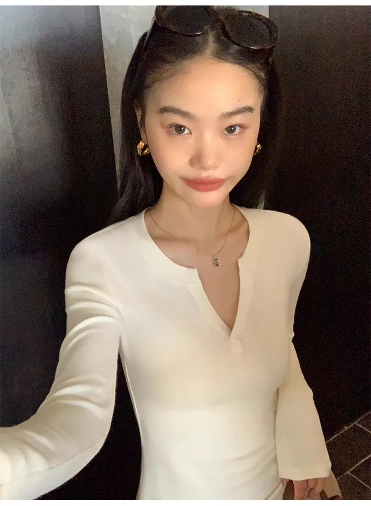 Women's Ribbed Knit Top V Neck Long Sleeve Slim Fit Stretch Shirt Soft Casual Basic Layering Winter.