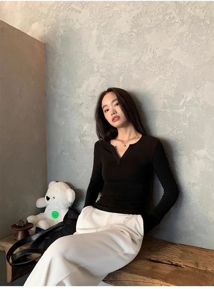 Women's Ribbed Knit Top V Neck Long Sleeve Slim Fit Stretch Shirt Soft Casual Basic Layering Winter.