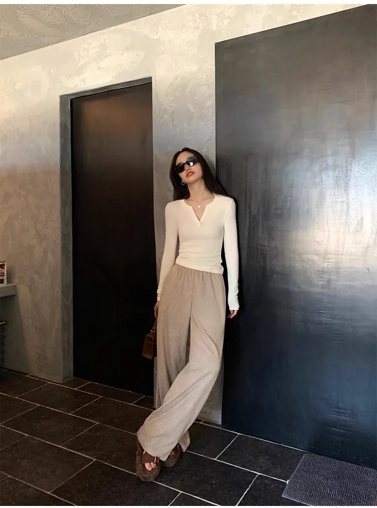 Women's Ribbed Knit Top V Neck Long Sleeve Slim Fit Stretch Shirt Soft Casual Basic Layering Winter.