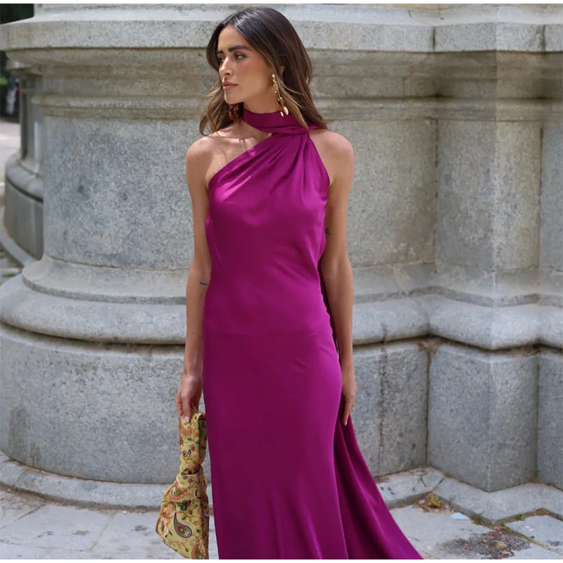 Sexy Satin Ribbon Party Dress Women Elegant Halter Backless Off Shoulder Sleeveless Female Dresses 2026 Summer Solid Robe Gown