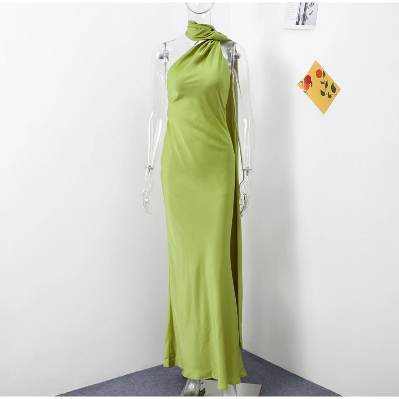 Sexy Satin Ribbon Party Dress Women Elegant Halter Backless Off Shoulder Sleeveless Female Dresses 2026 Summer Solid Robe Gown