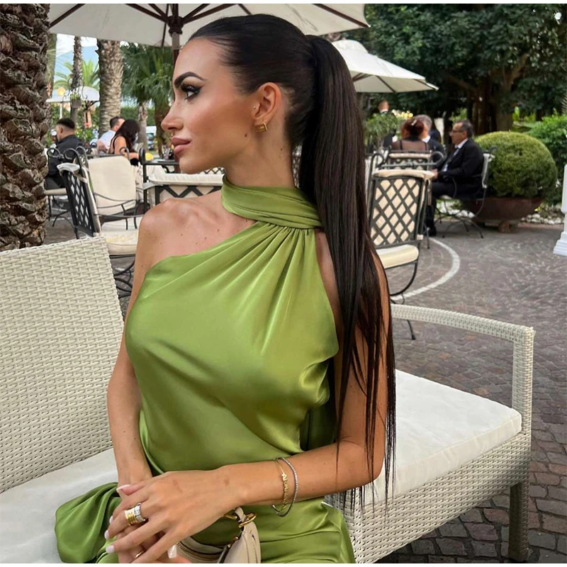 Sexy Satin Ribbon Party Dress Women Elegant Halter Backless Off Shoulder Sleeveless Female Dresses 2026 Summer Solid Robe Gown