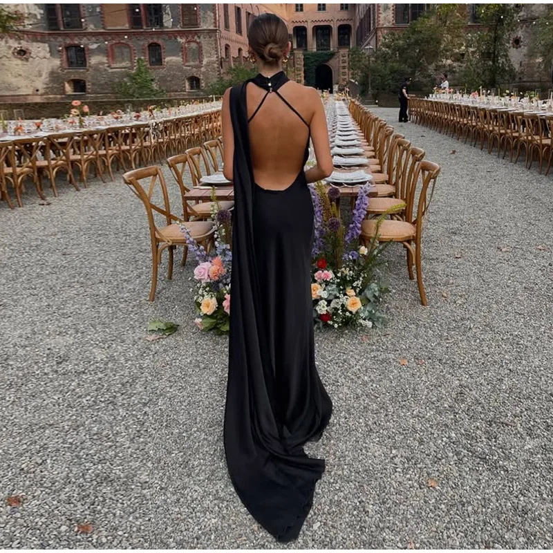 Sexy Satin Ribbon Party Dress Women Elegant Halter Backless Off Shoulder Sleeveless Female Dresses 2026 Summer Solid Robe Gown