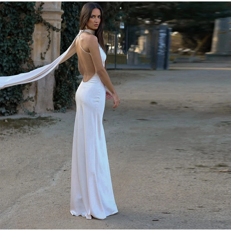 Sexy Satin Ribbon Party Dress Women Elegant Halter Backless Off Shoulder Sleeveless Female Dresses 2026 Summer Solid Robe Gown