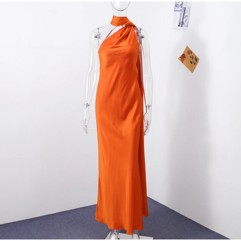 Sexy Satin Ribbon Party Dress Women Elegant Halter Backless Off Shoulder Sleeveless Female Dresses 2026 Summer Solid Robe Gown