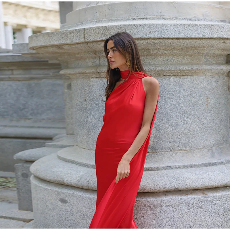 Sexy Satin Ribbon Party Dress Women Elegant Halter Backless Off Shoulder Sleeveless Female Dresses 2026 Summer Solid Robe Gown