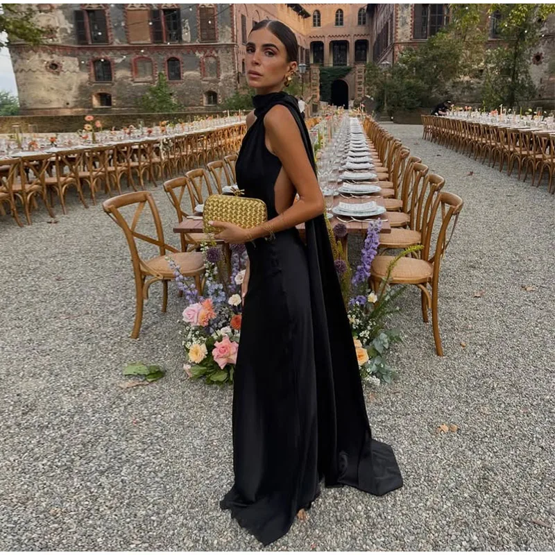 Sexy Satin Ribbon Party Dress Women Elegant Halter Backless Off Shoulder Sleeveless Female Dresses 2026 Summer Solid Robe Gown