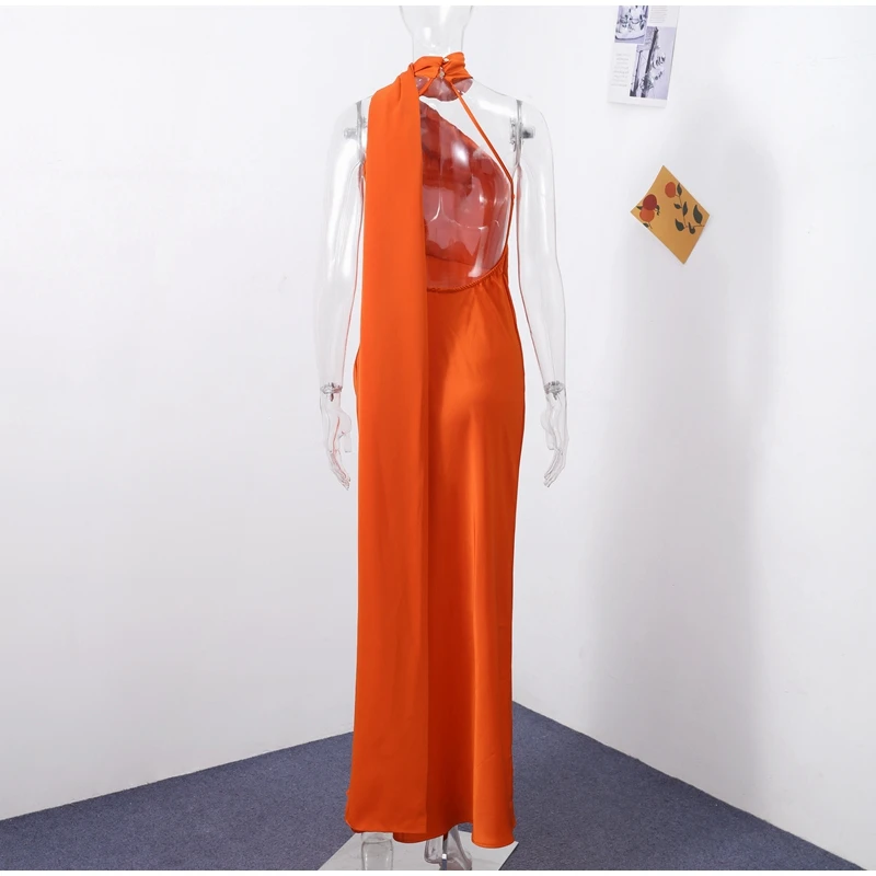 Sexy Satin Ribbon Party Dress Women Elegant Halter Backless Off Shoulder Sleeveless Female Dresses 2026 Summer Solid Robe Gown