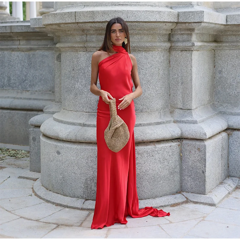 Sexy Satin Ribbon Party Dress Women Elegant Halter Backless Off Shoulder Sleeveless Female Dresses 2026 Summer Solid Robe Gown