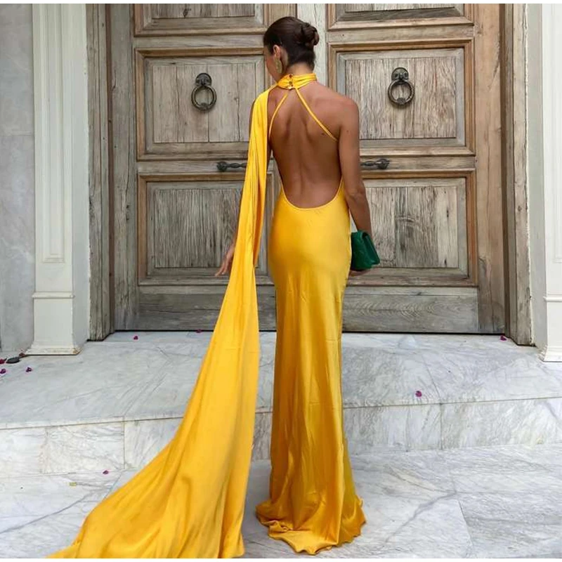 Sexy Satin Ribbon Party Dress Women Elegant Halter Backless Off Shoulder Sleeveless Female Dresses 2026 Summer Solid Robe Gown