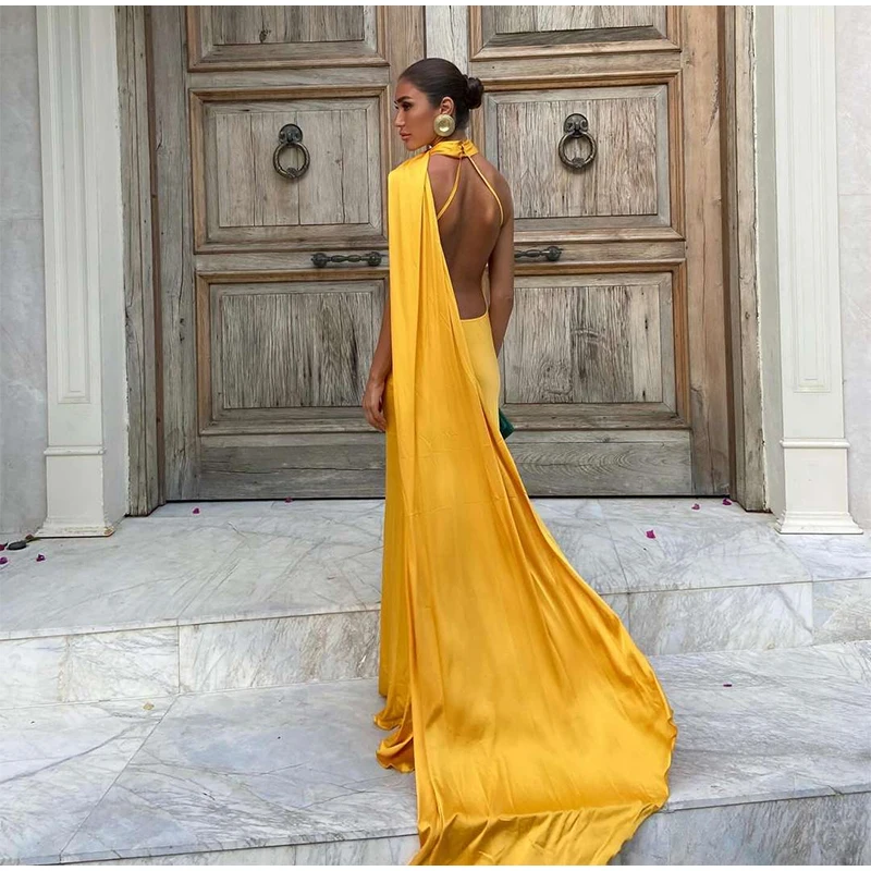 Sexy Satin Ribbon Party Dress Women Elegant Halter Backless Off Shoulder Sleeveless Female Dresses 2026 Summer Solid Robe Gown