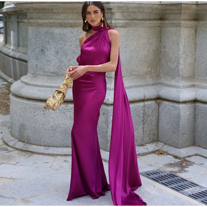 Sexy Satin Ribbon Party Dress Women Elegant Halter Backless Off Shoulder Sleeveless Female Dresses 2026 Summer Solid Robe Gown