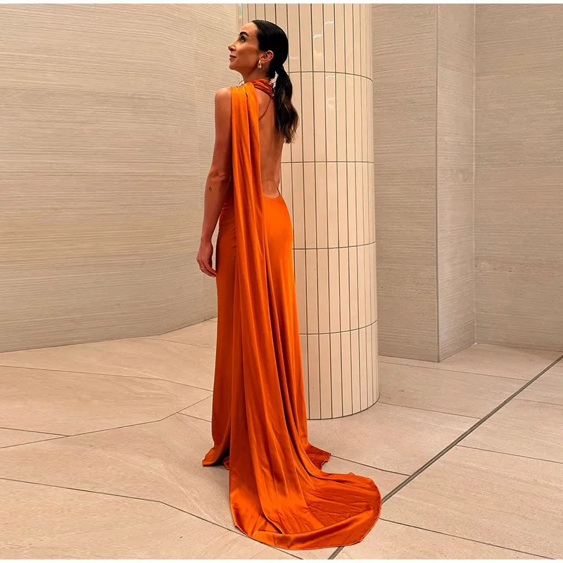 Sexy Satin Ribbon Party Dress Women Elegant Halter Backless Off Shoulder Sleeveless Female Dresses 2026 Summer Solid Robe Gown