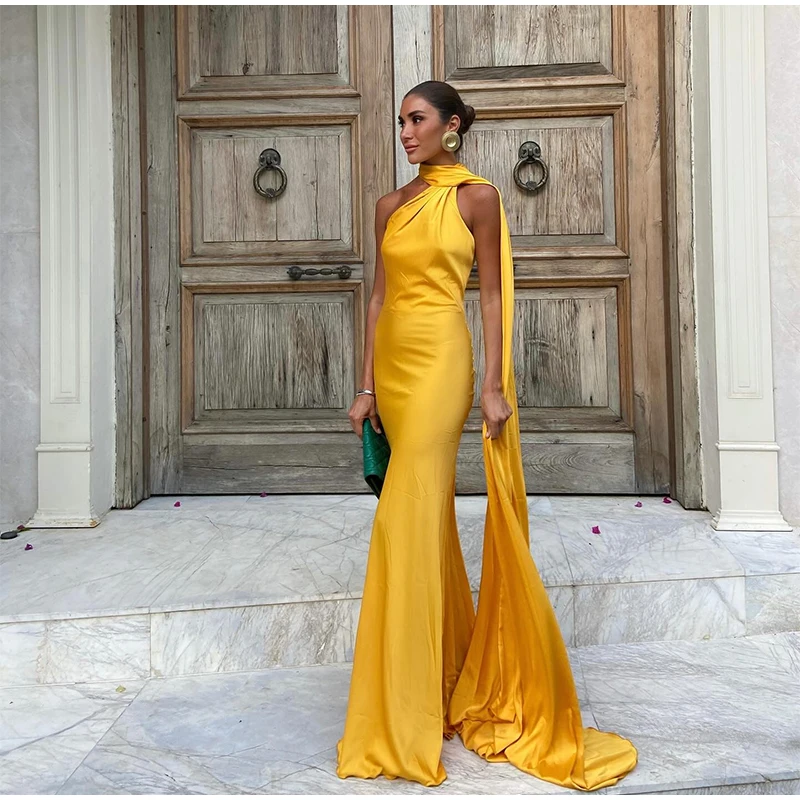 Sexy Satin Ribbon Party Dress Women Elegant Halter Backless Off Shoulder Sleeveless Female Dresses 2026 Summer Solid Robe Gown