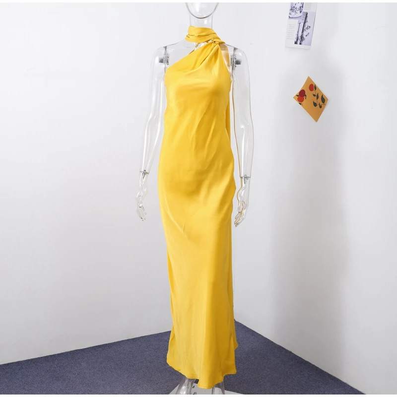 Sexy Satin Ribbon Party Dress Women Elegant Halter Backless Off Shoulder Sleeveless Female Dresses 2026 Summer Solid Robe Gown
