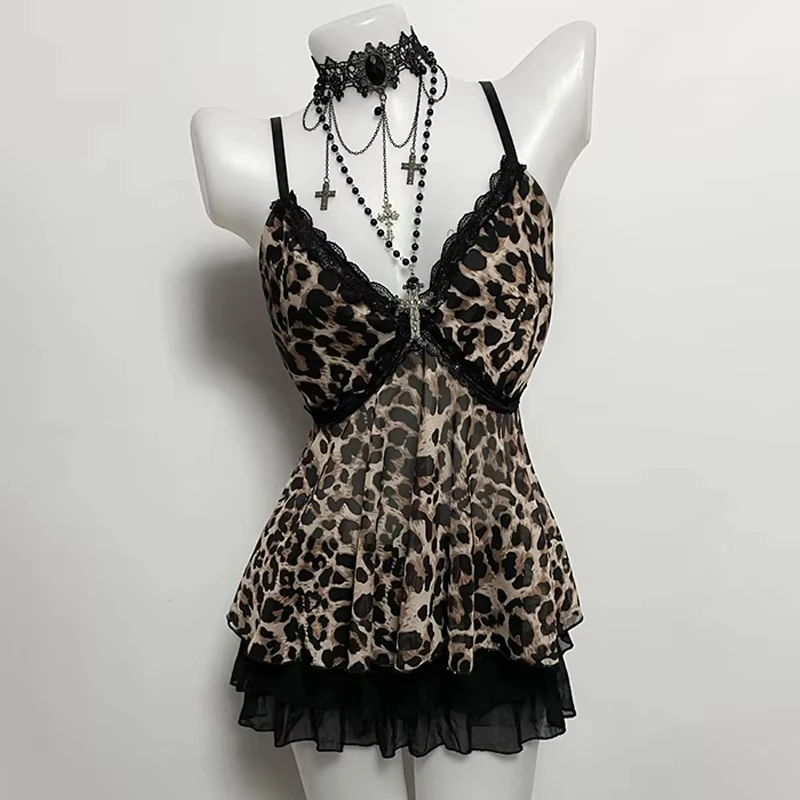 Y2k Emo Women Streetwear Sexy Acubi Leopard Lace Trim V-neck Tank Tops Sleeveless Spaghetti Stra Goth Grunge 2000s Alt Clothes