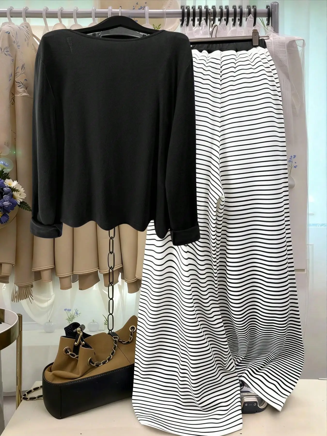 Plus Size Women's Early Fall Striped Layered Three-Piece Set, Navy Long Sleeve Blouse + Tank Top + High Waist Pants