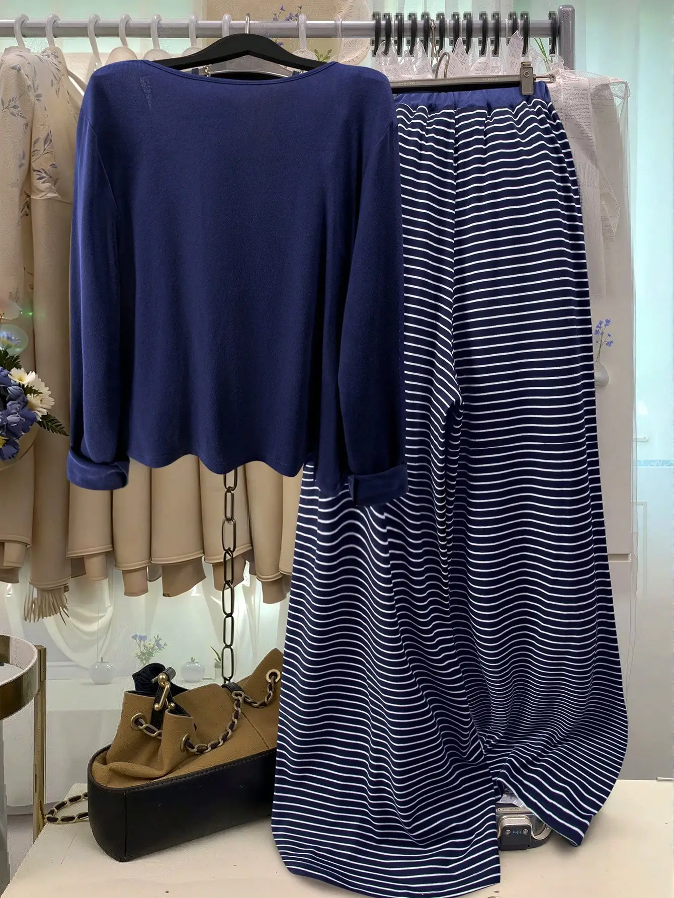 Plus Size Women's Early Fall Striped Layered Three-Piece Set, Navy Long Sleeve Blouse + Tank Top + High Waist Pants