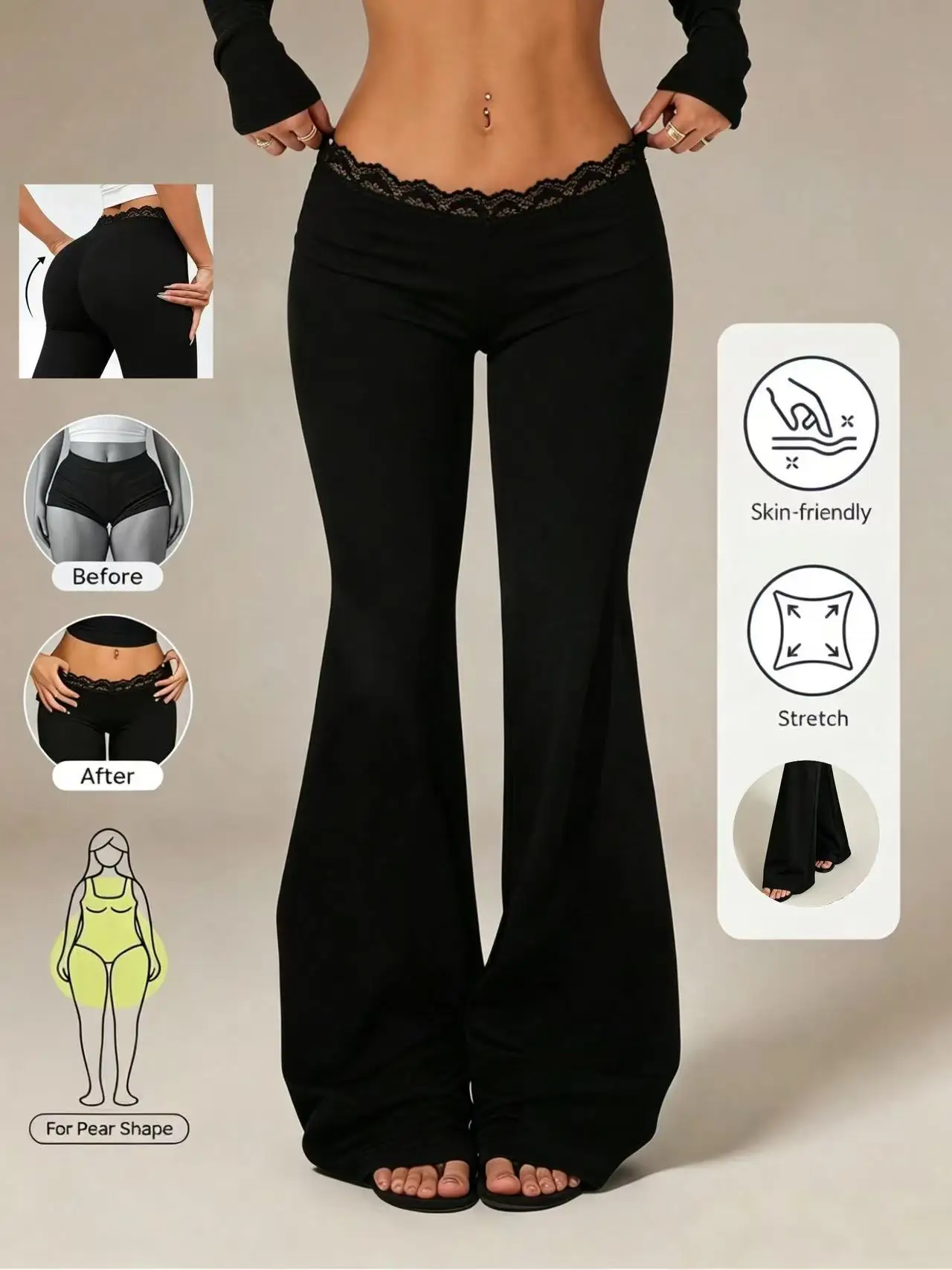 New Sexy Lace High Waisted Leggings for Girls, Flared Pants, Daily Casual Elastic Breathable Pants, Women's Clothing for Travel