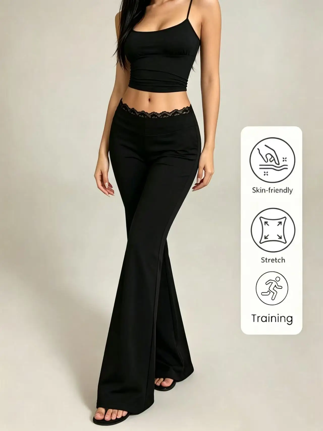 New Sexy Lace High Waisted Leggings for Girls, Flared Pants, Daily Casual Elastic Breathable Pants, Women's Clothing for Travel