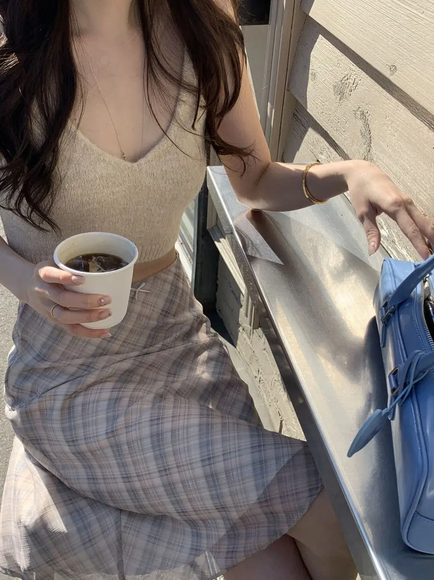 Skirts Women Summer Plaid Mermaid High Waist Vintage Mid Skirt Double Layers Elegant Sweet Skirt for Ladies Y2k Bottoms Clothes