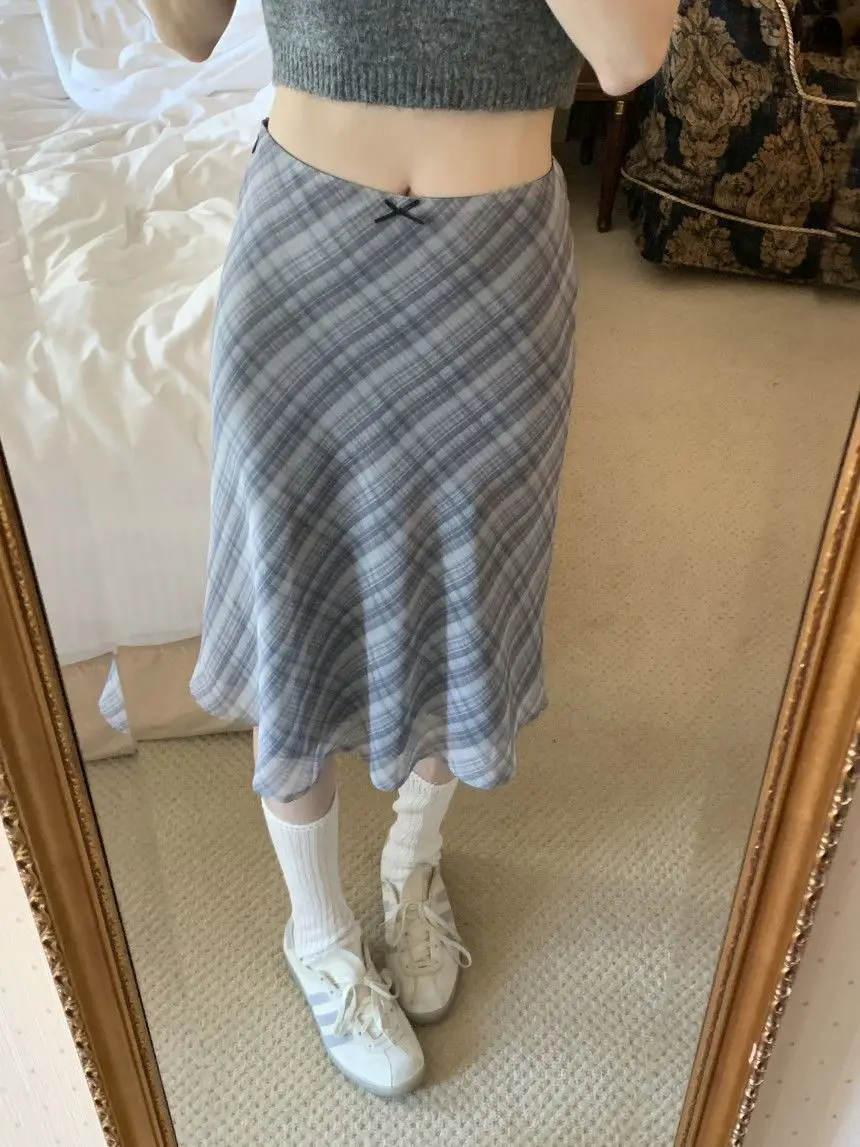 Skirts Women Summer Plaid Mermaid High Waist Vintage Mid Skirt Double Layers Elegant Sweet Skirt for Ladies Y2k Bottoms Clothes