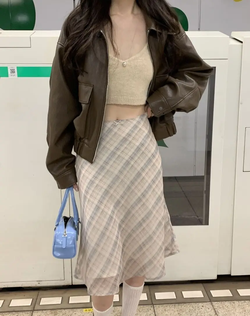 Skirts Women Summer Plaid Mermaid High Waist Vintage Mid Skirt Double Layers Elegant Sweet Skirt for Ladies Y2k Bottoms Clothes