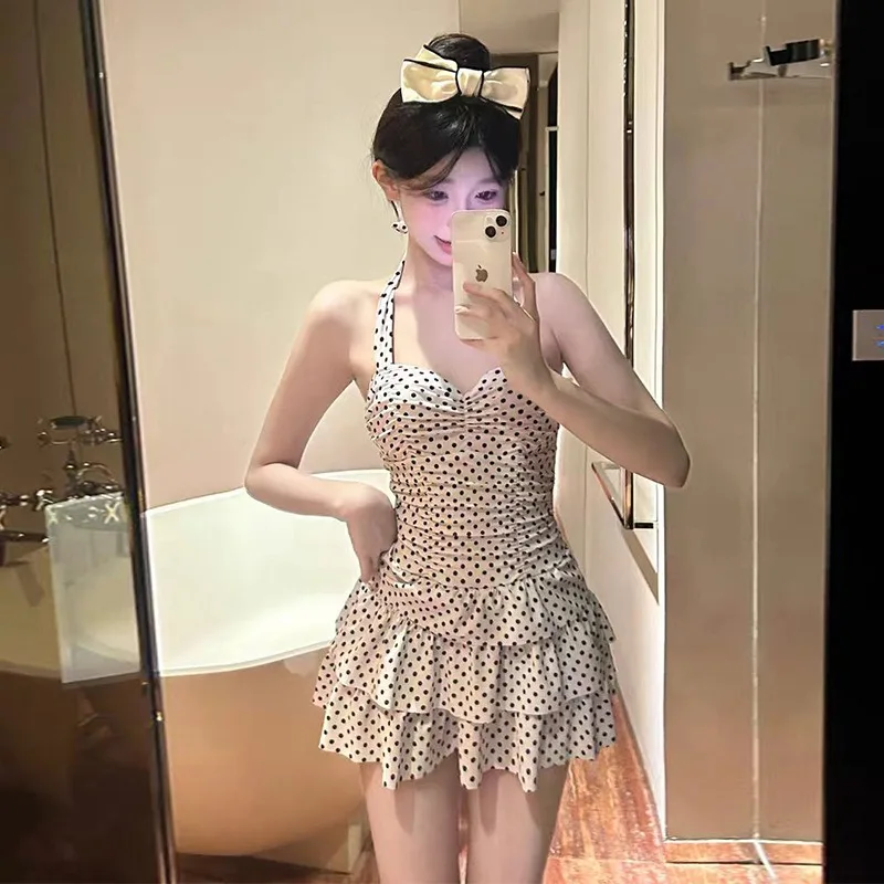 Sweet Beige Polka Dot Halter Neck One Piece Swimsuit with Ruched Bodice Tiered Ruffle Skirt Modest Swimwear for Beach Pool